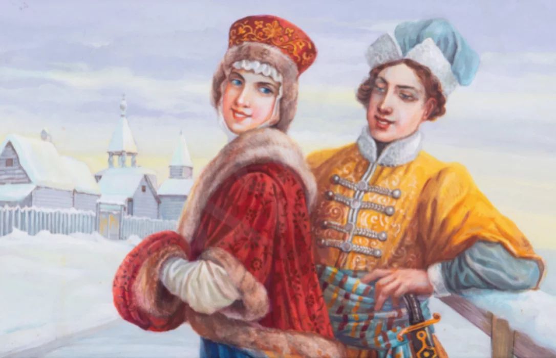 Watercolor Courtship on the winter streets of Russia in the 16th century.