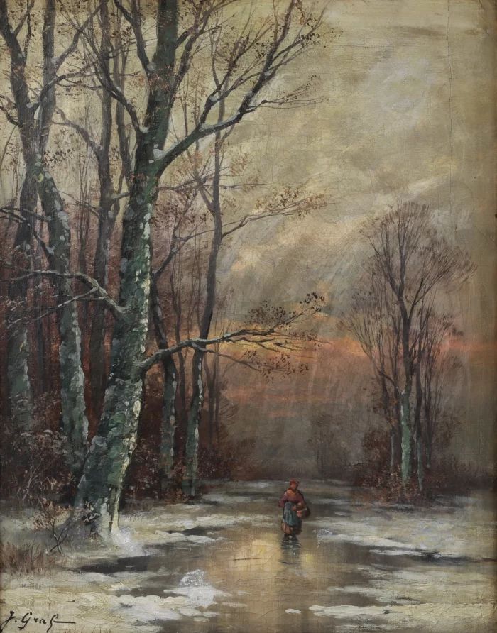 Peinture "Paysage dhiver". 19ème siècle. Par J. Graf.