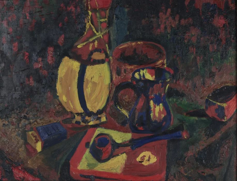 Still life with a pipe and jugs.