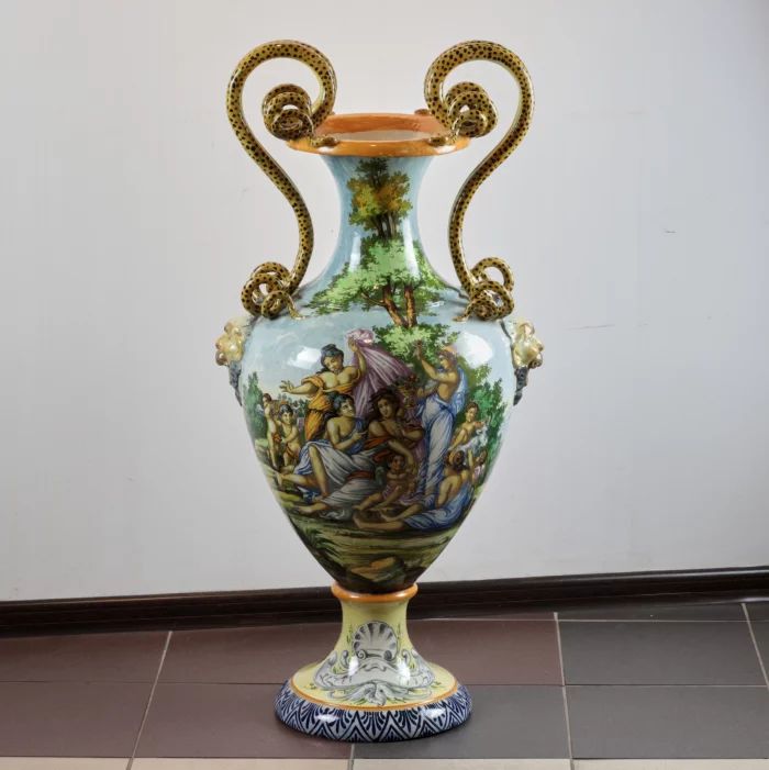 Majolica floor vase with snakes.