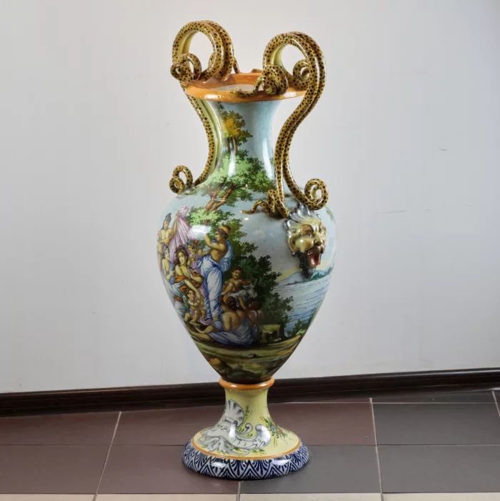 Majolica floor vase with snakes.