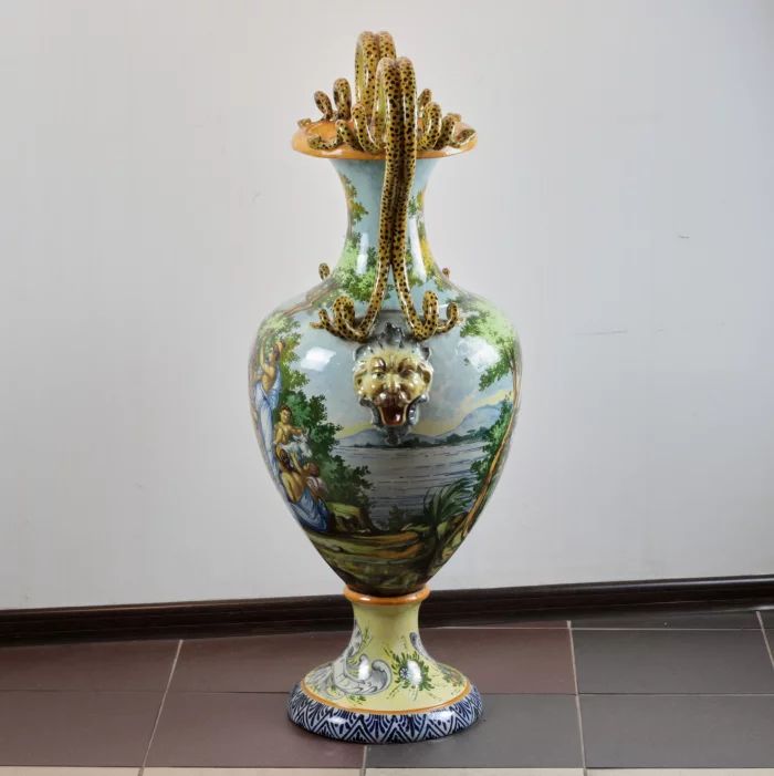Majolica floor vase with snakes.