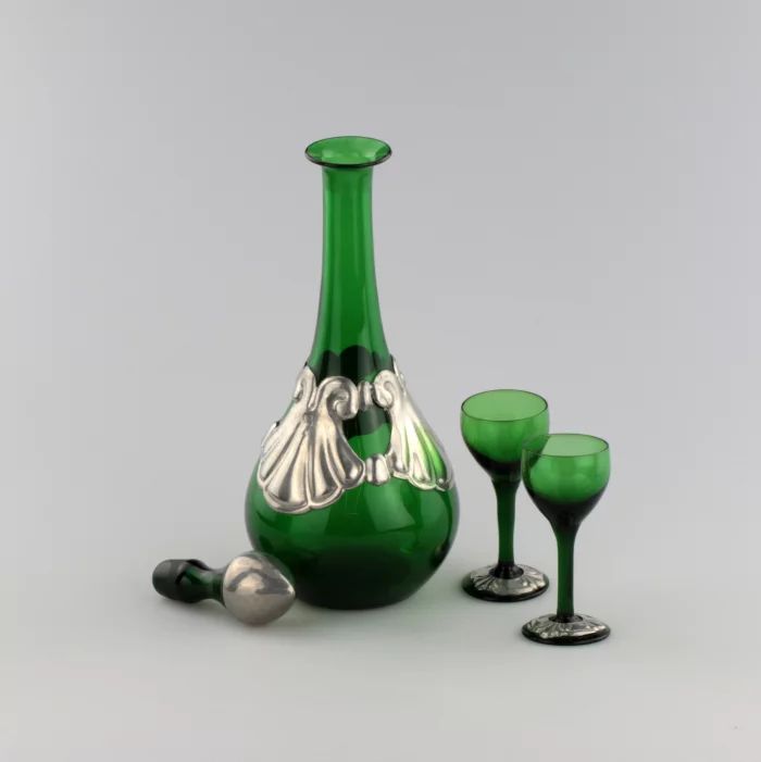 Decanter with two glasses. A tete-a-tete set.