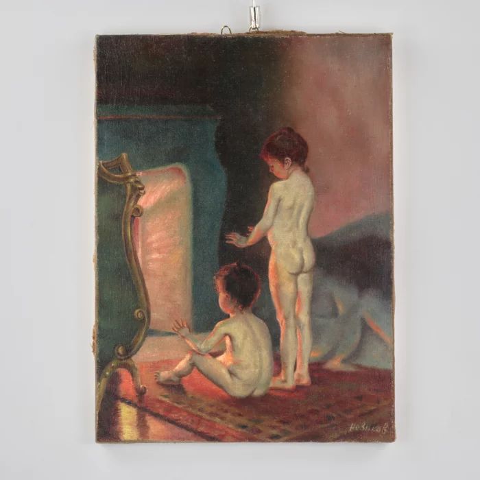Peinture Enfants près de la cheminee. Copie de 20 ans, auteur Novikov.