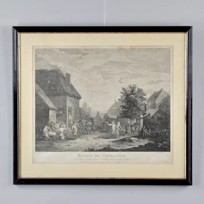 Gravure française du 18e siècle par David Teniers. Retour de la taverne. 