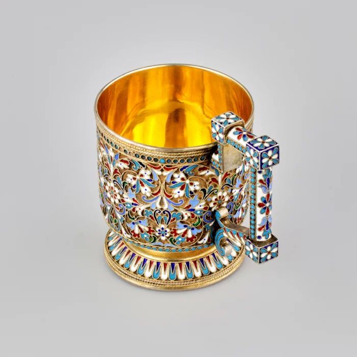 Silver glass holder in enamels. Royal Russia.