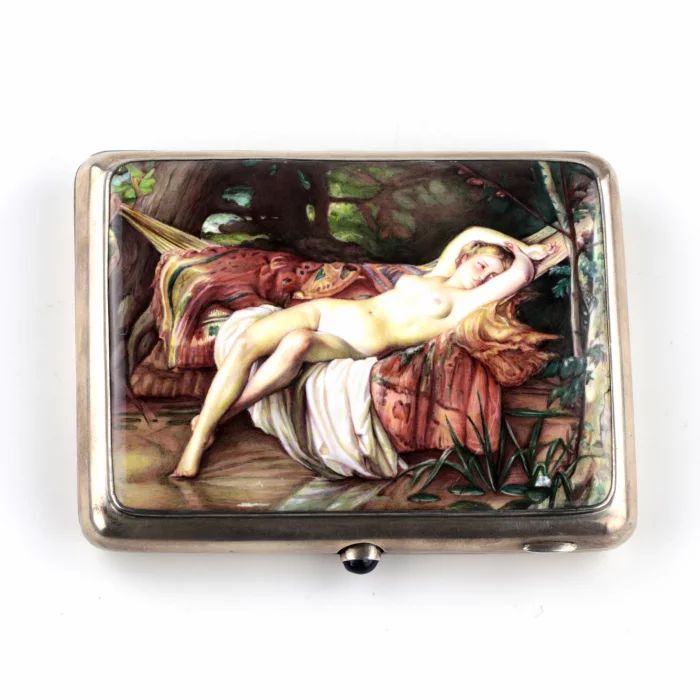 Russian silver cigarette case with an erotic scene. 