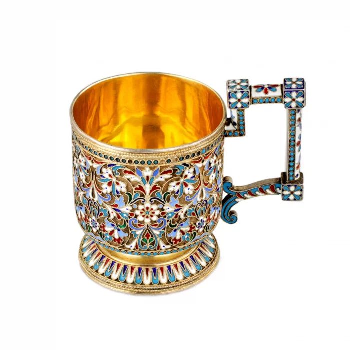 Silver glass holder in enamels. Royal Russia.