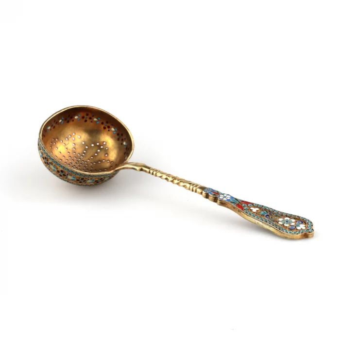 Russian silver spoon strainer with enamel decor. 