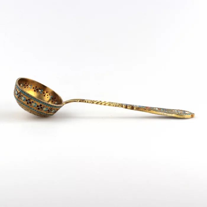 Russian silver spoon strainer with enamel decor. 