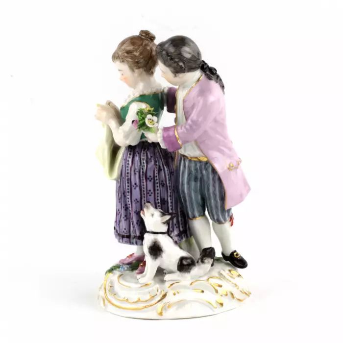 Porcelain group Couple with a dog. Meissen. 