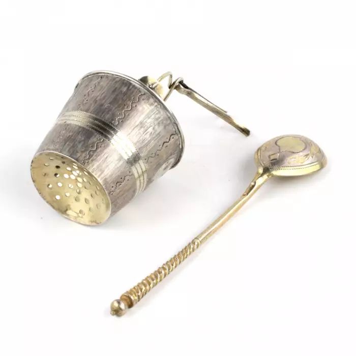 A spoon and tea strainer. Savinkov Victor, Russia, Moscow 1884 