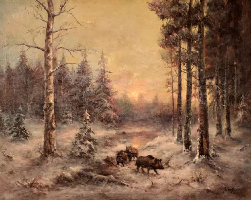 Painting "Winter Landscape with Wild Boars". A. Zotov. 