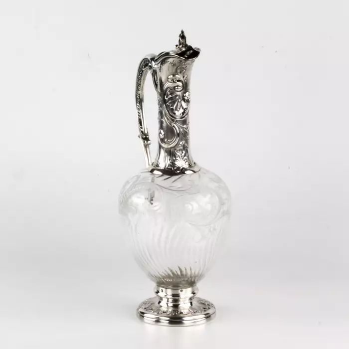 Charming French wine jug made of glass with silver. 