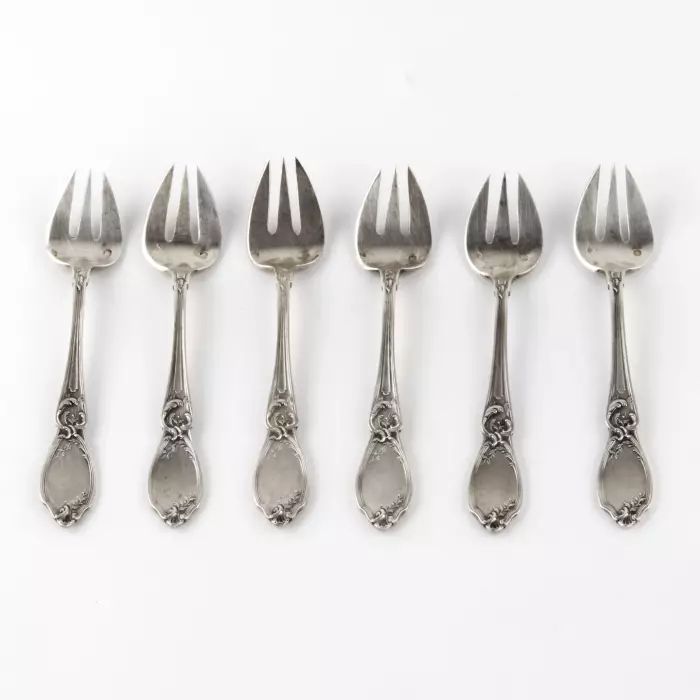 Set of six silver oyster forks. France. 