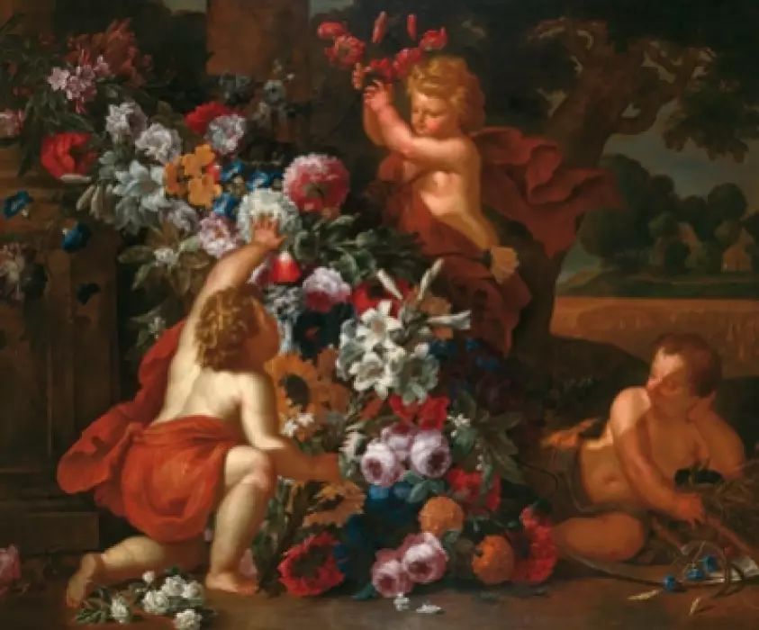MYTHOLOGICAL SCENE “PUTTI WITH FLOWERS” MATTHAUS TERWESTEN (1670–1757) AND GASPAR PIETER VERBRUGGEN II (1664–1730)