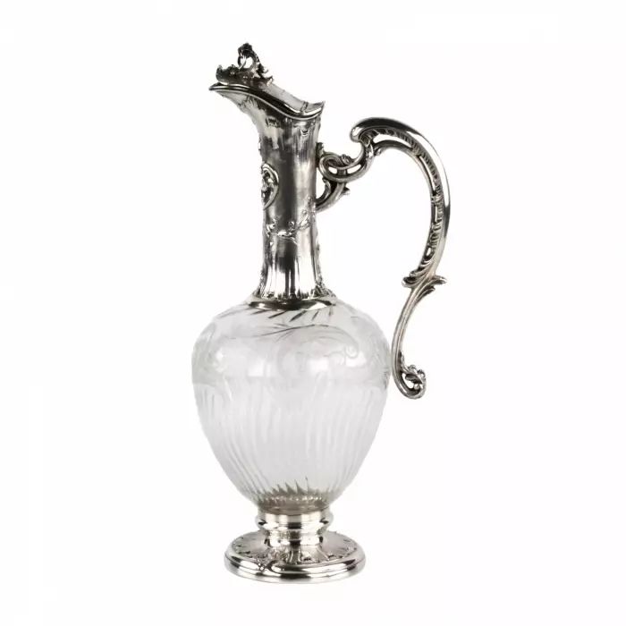 Charming French wine jug made of glass with silver. 