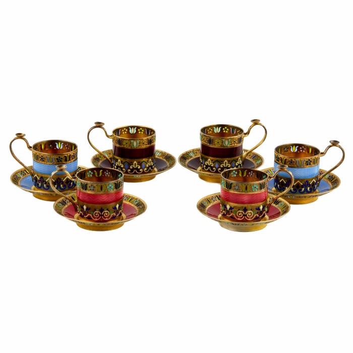 Six silver enameled cups with saucers, 11 artel. 