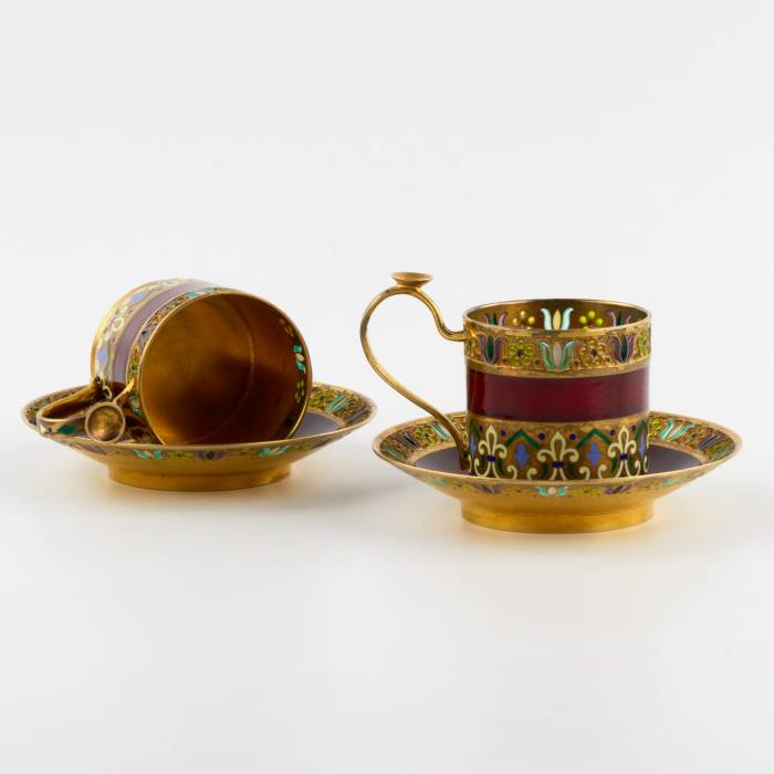 Six silver enameled cups with saucers, 11 artel. 