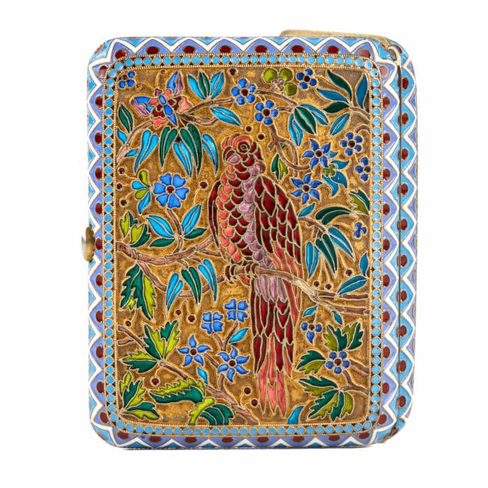 Silver cigarette case of Ovchinnikovs stained glass enamel. 