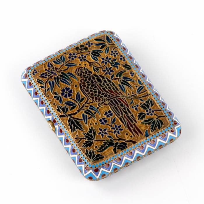 Silver cigarette case of Ovchinnikovs stained glass enamel. 