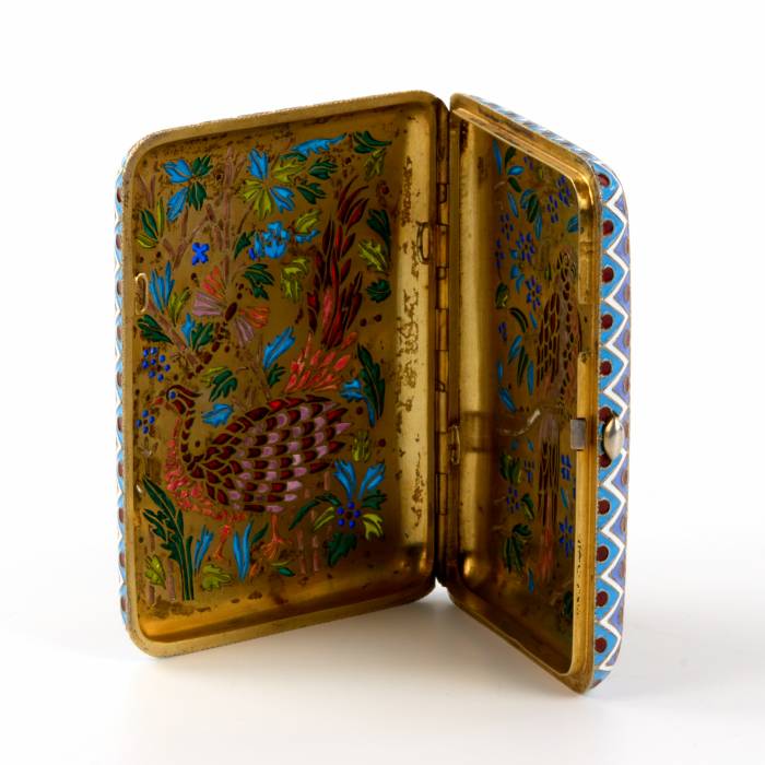 Silver cigarette case of Ovchinnikovs stained glass enamel. 