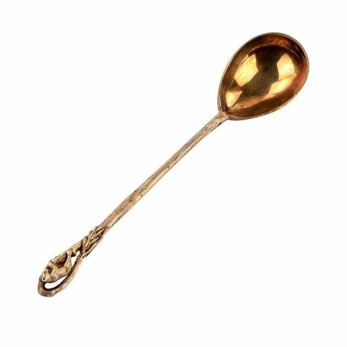 Russian silver spoon with a painted troika. V.I. Kangin. St. Petersburg 1899-1908.