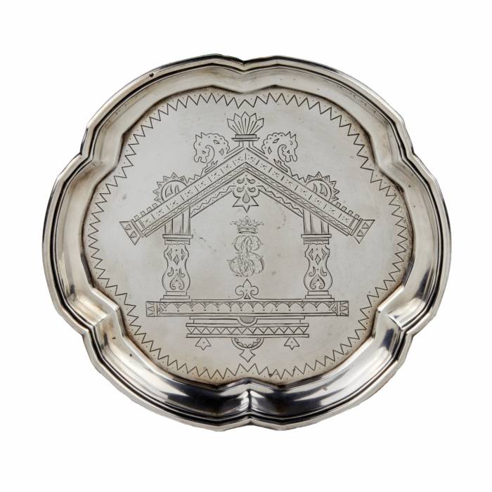 Russian silver tray, wedding dish of Ignatiy Sazikov. 