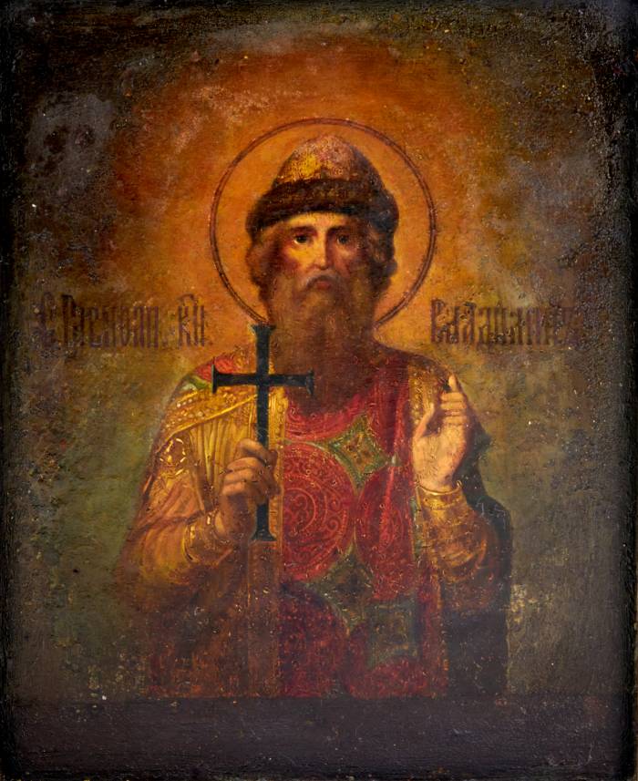 19. gadsimta beigu kuģa ikona uz metāla Svētais apustuļu princis Vladimirs. 