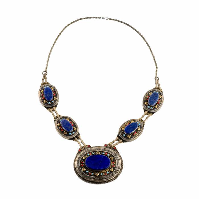 Oriental necklace on metal with lapis lazuli, turquoise and coral. 