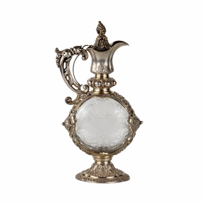 Magnifique verseuse en argent avec verre grave, de style Neo-Renaissance