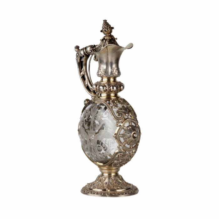 Magnificent silver jug with engraved glass, Neo-Renaissance style