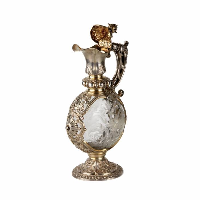 Magnifique verseuse en argent avec verre grave, de style Neo-Renaissance