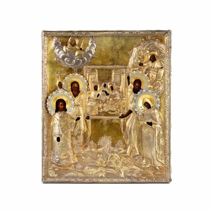 Icon of the Nativity of the Virgin with the upcoming, in a silver frame and enamel. 