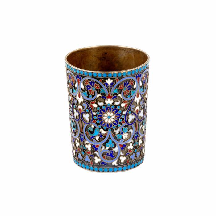 Russian silver vodka cup with cloisonne enamel. Gustav Klingert. Moscow. 1893. 