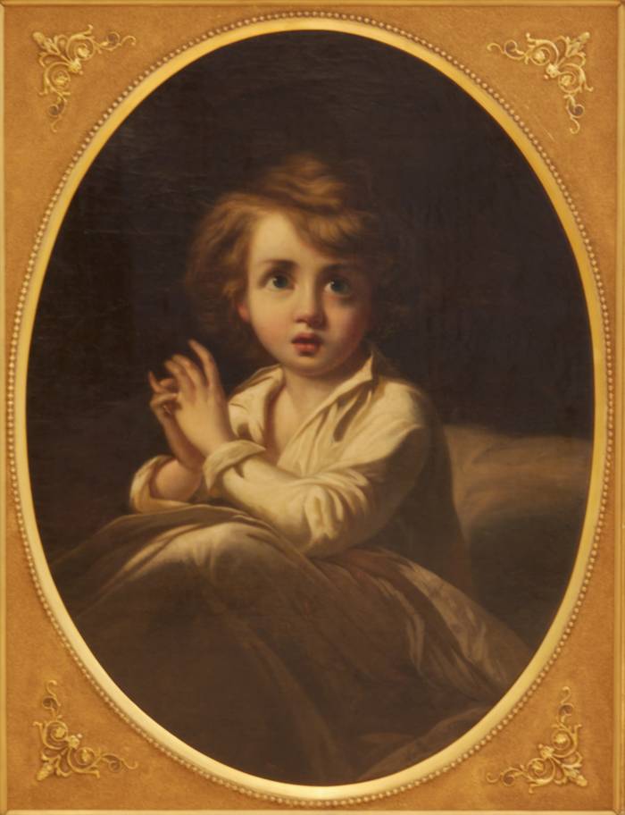 Russian romantic portrait of the 19th century. Child in bed. 