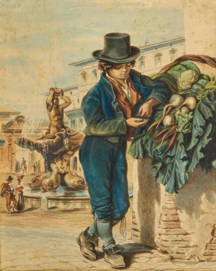 Watercolor Young seller of vegetables on the streets of Rome. 