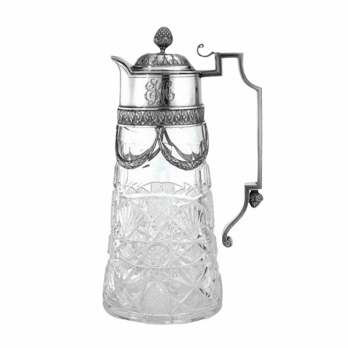 Cut crystal jug with silver finial and handle. Faberge. 
