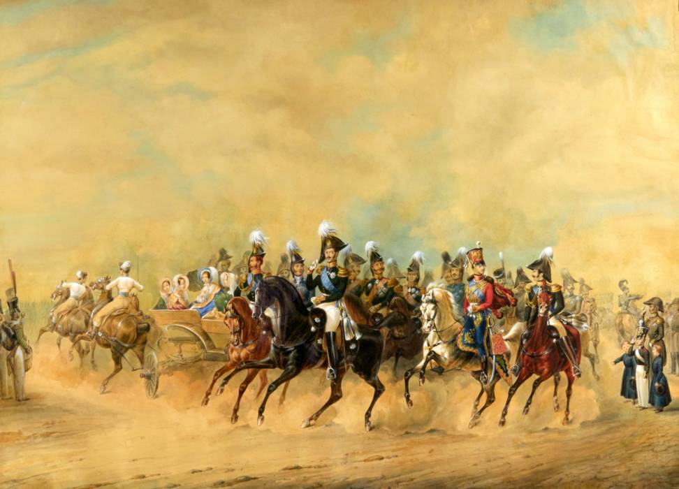 Franz Krueger. Watercolor Emperor Nicholas I with his retinue after the 1847 parade.