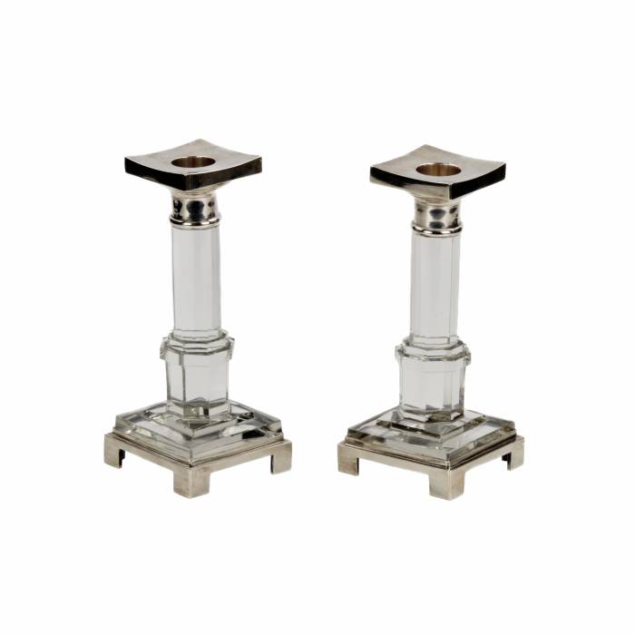 Pair of elegant, Russian candlesticks in quartz and silver. Around 1900 