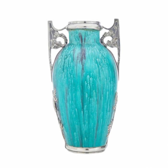 French ceramic vase in Art Nouveau silver frame. 