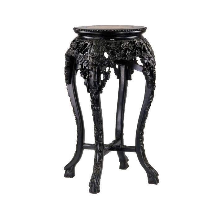 Carved Chinese vase stand, ebony with marble.