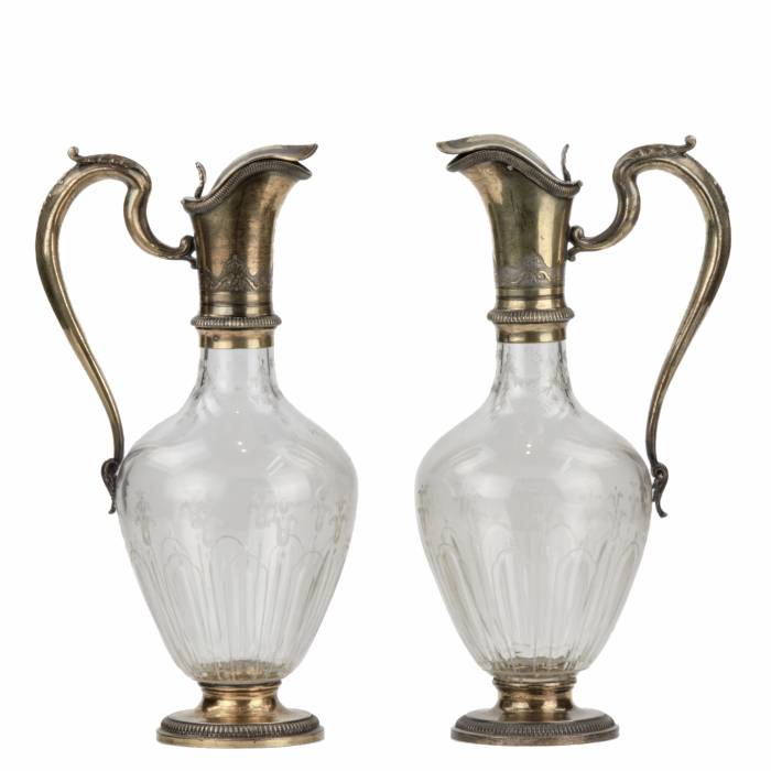 Pair of elegant glass jugs with gilded silver. ODIOT. End of the 19th century. 