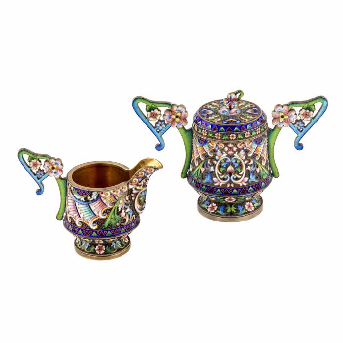Russian silver creamer and cloisonne enamel sugar bowl in Art Nouveau style.