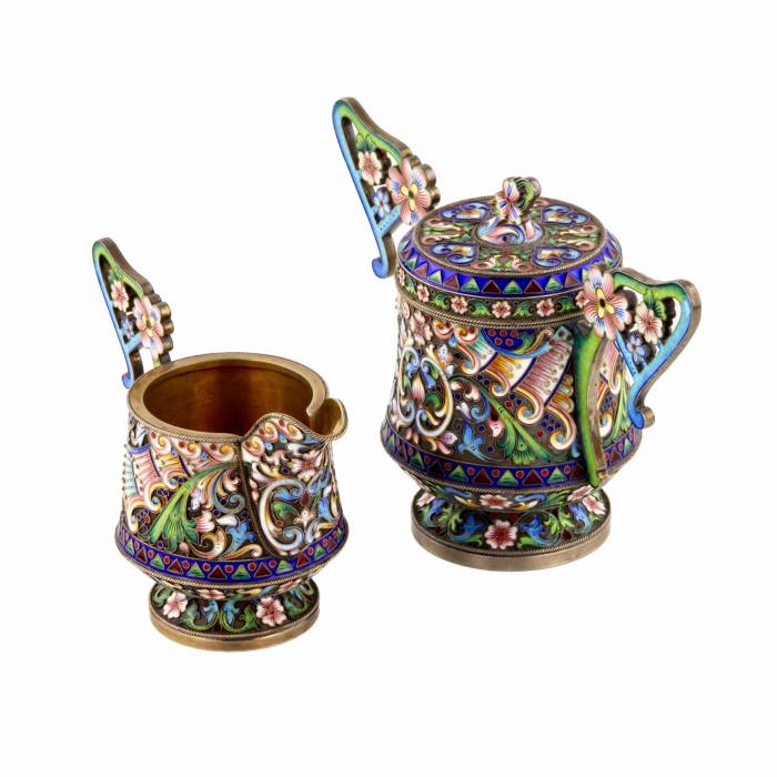 Art Nouveau cloisonne enamel Russian silver creamer and sugar bowl. 