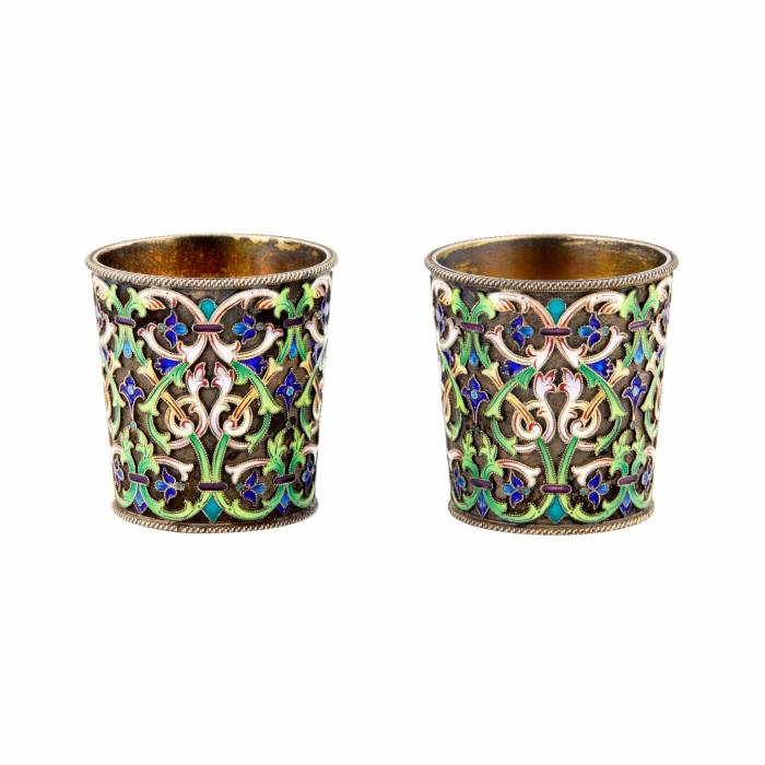 Pair of silver stacks of cloisonne enamel Br. Grachev. 