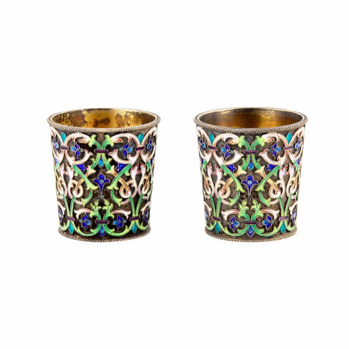 Pair of silver stacks of cloisonne enamel Br. Grachev. 