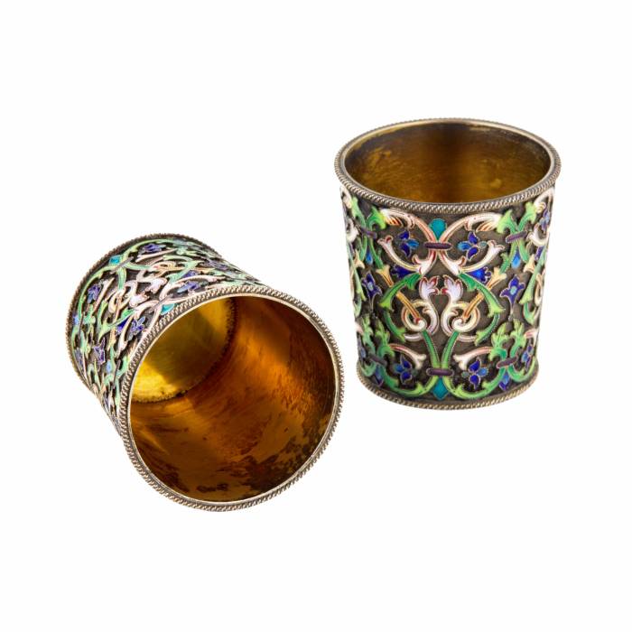 Pair of silver stacks of cloisonne enamel Br. Grachev. 