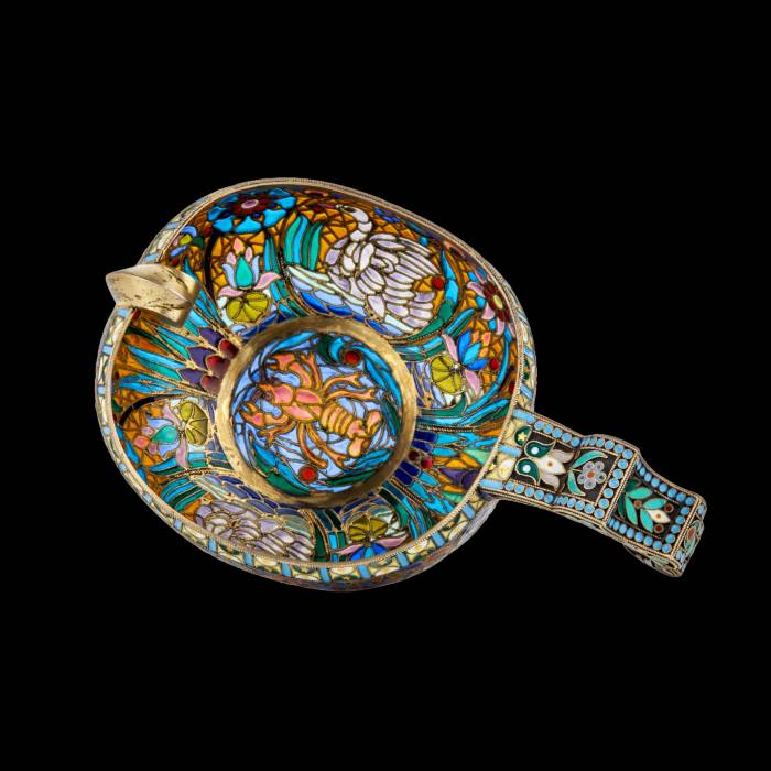 Large magnificent silver ladle 84 assay P. Ovchinnikov with stained glass enamel. Moscow. At the turn of 1900 