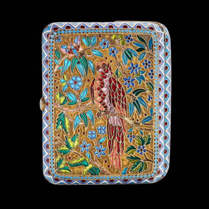 Silver cigarette case of Ovchinnikovs stained glass enamel. 